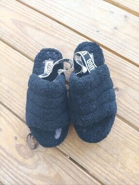 UGG Kids Black Fuzzy Slide Sandals with Branded Heel Strap
